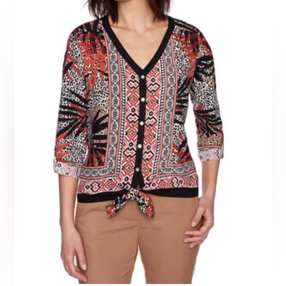 Ruby Red Women's Tropical Palm Animal Print VNeck Button Up Top Front Tie Sz L